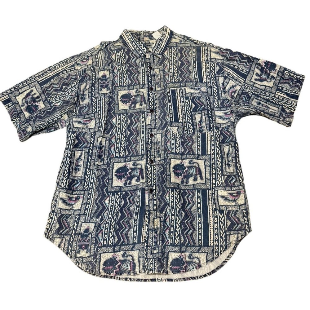 SATURDAYS GEOMETRIC ANIMALS‎ BLUE BUTTON UP SHIRT MENS LARGE | E2